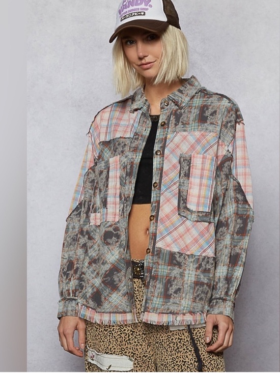 POL Tops - POL Patchwork Plaid Button-Down Shirt pocket Shacket - Pink, Gray, Blue